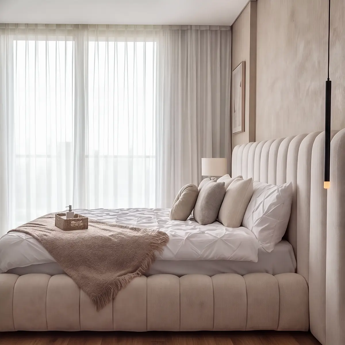 Recamara channel-tufted cream bed styled with white bedding beside a bright window