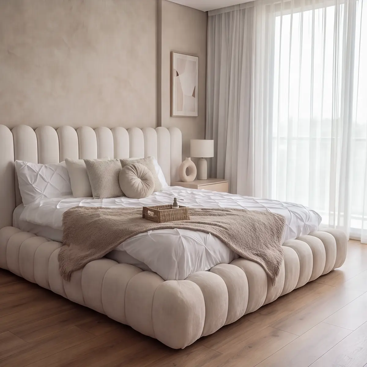 Cream upholstered Recamara Kingbed with tall fluted headboard in a minimalist bedroom