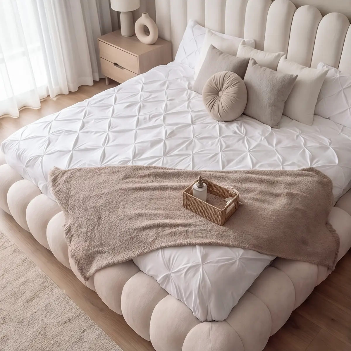 Top view of Recamara Kingbed with pintuck bedding and neutral cushions