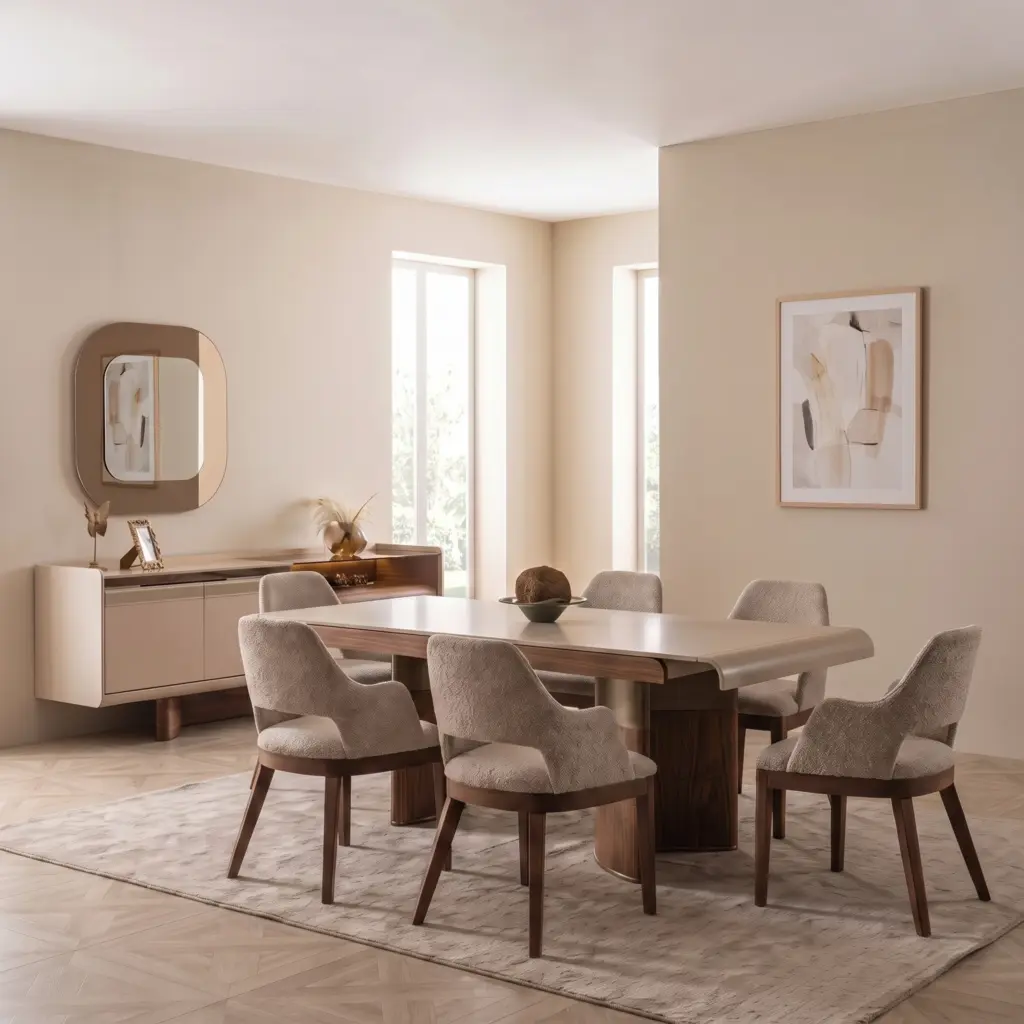 AURA dining table in walnut with upholstered chairs and sideboard
