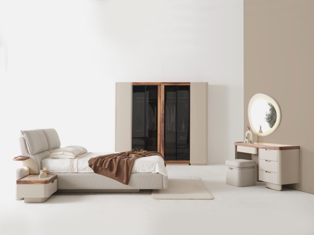 Estella bedroom with bed, nightstands, dresser and wardrobe