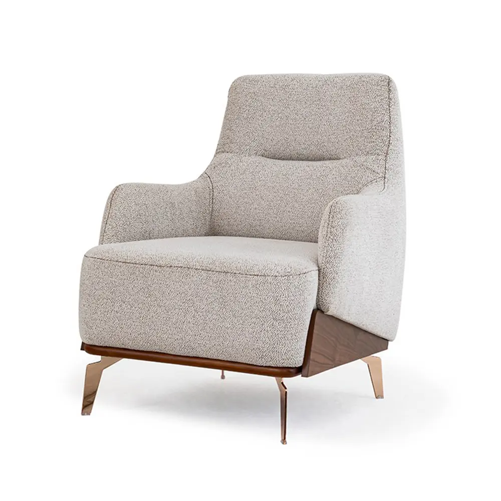 Lavin off white bouclé accent chair angled view with rose gold stainless steel legs – Asbar Furniture
