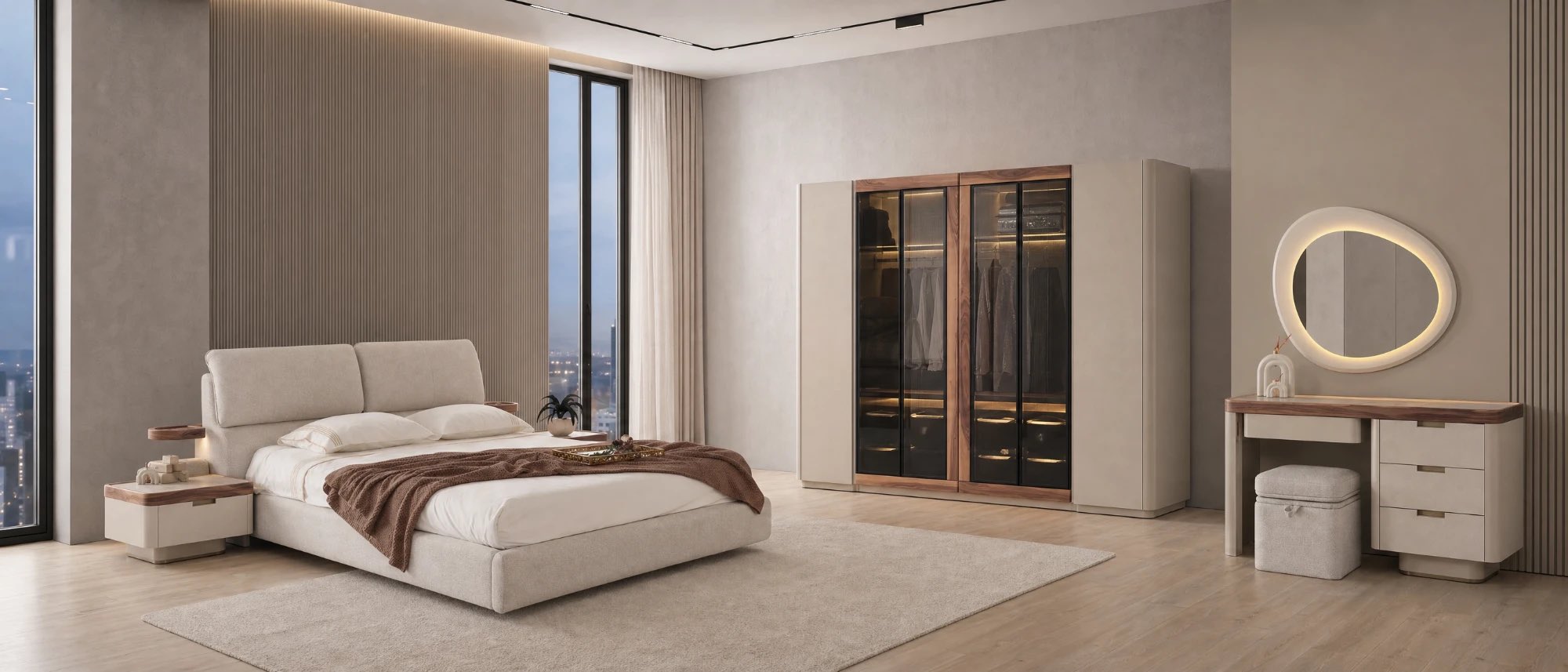 Upholstered bed with walnut nightstands, glass wardrobe and dressing table
