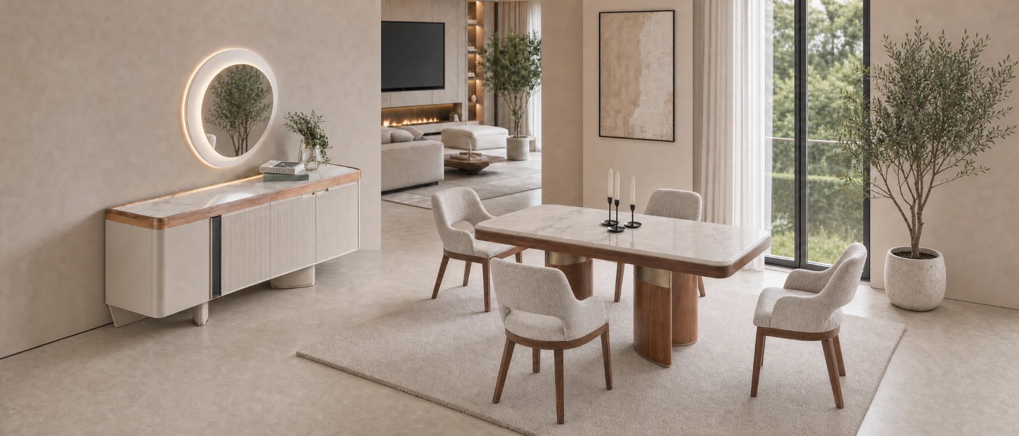 Marble top dining table with walnut base, upholstered chairs and sideboard