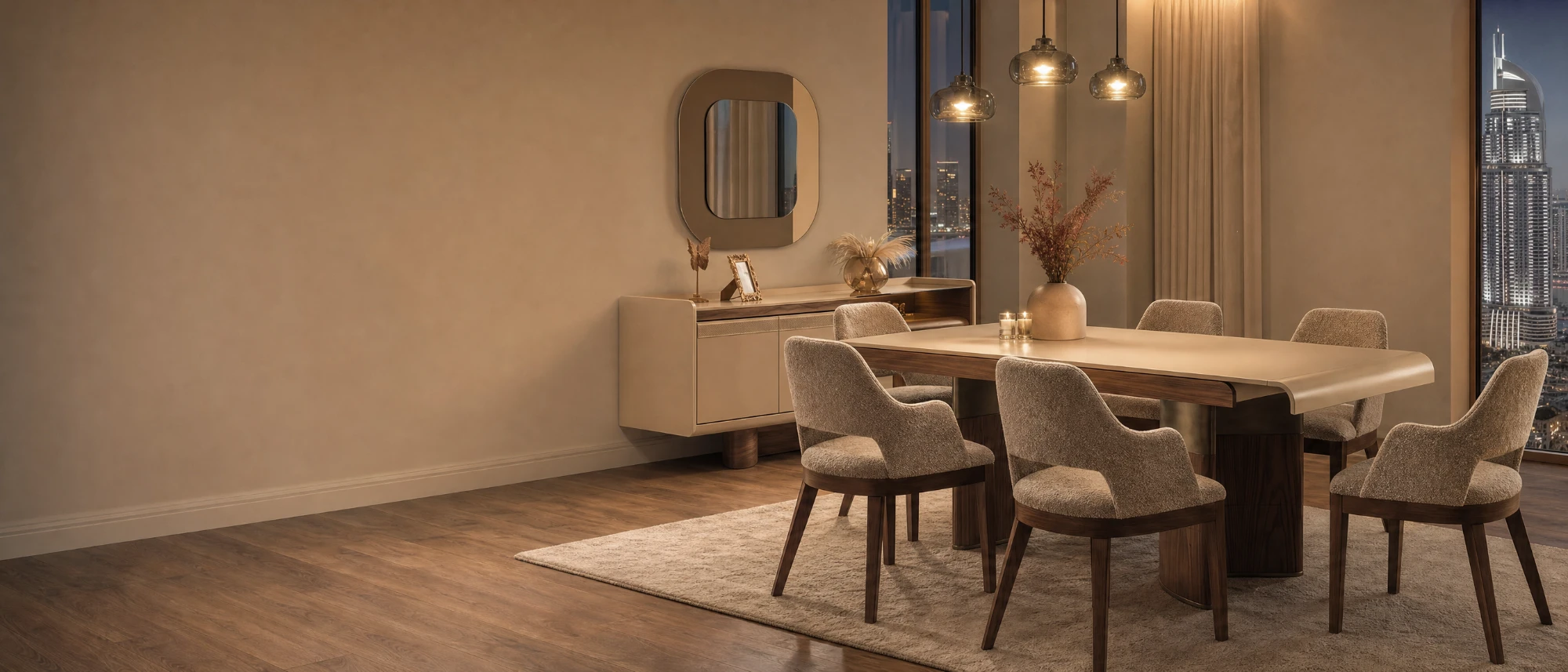 AURA dining table with six chairs and sideboard