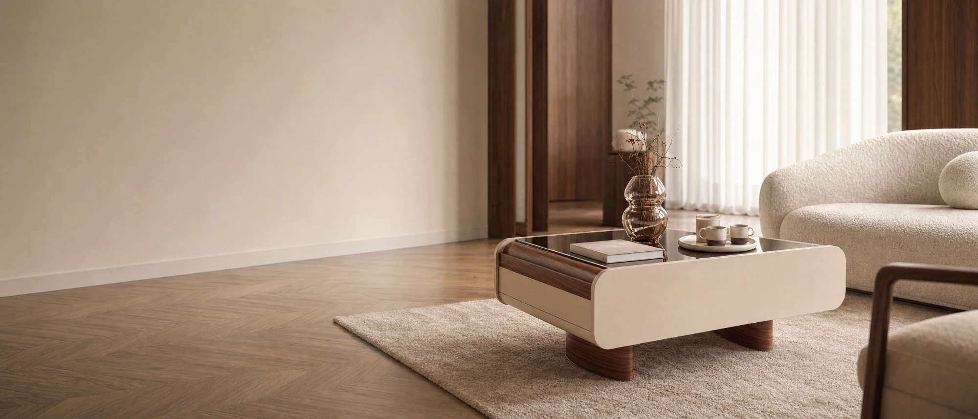 Cream and walnut coffee table with smoked glass top