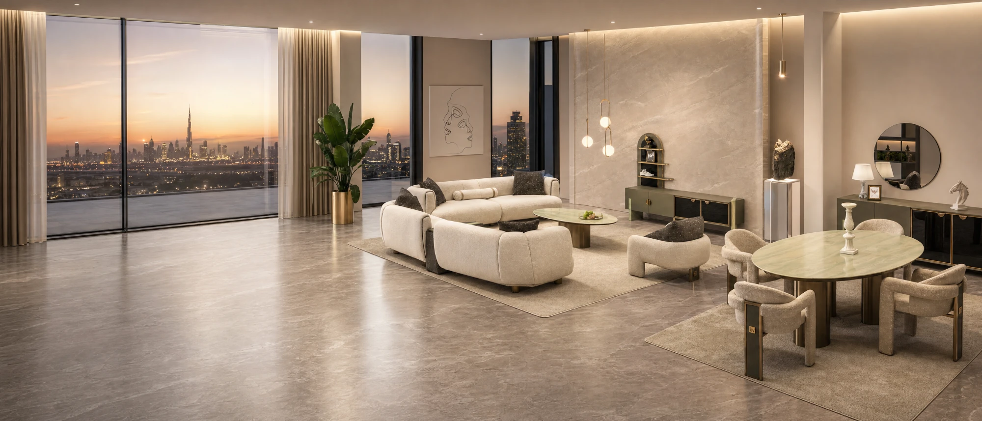 DaVinci living and dining room with a view of Dubai