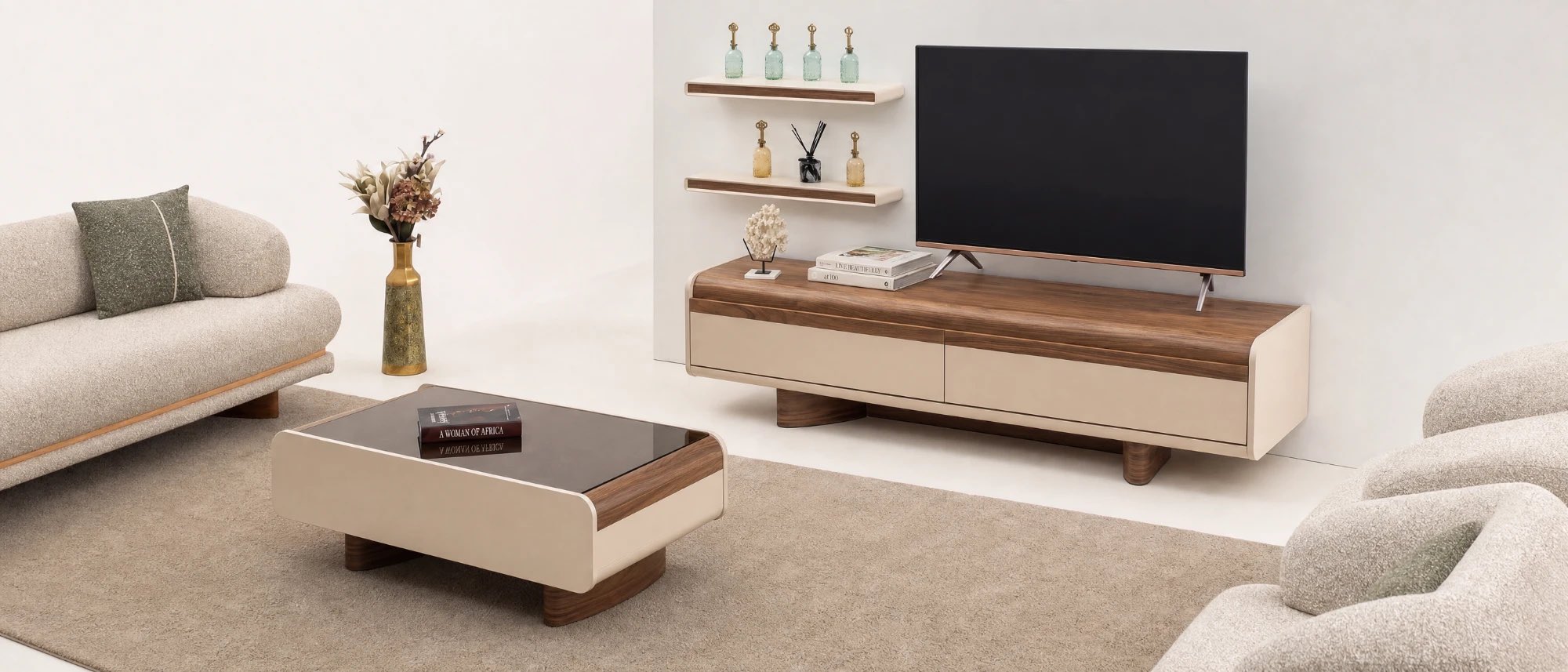Walnut and cream TV unit with matching coffee table and wall shelves