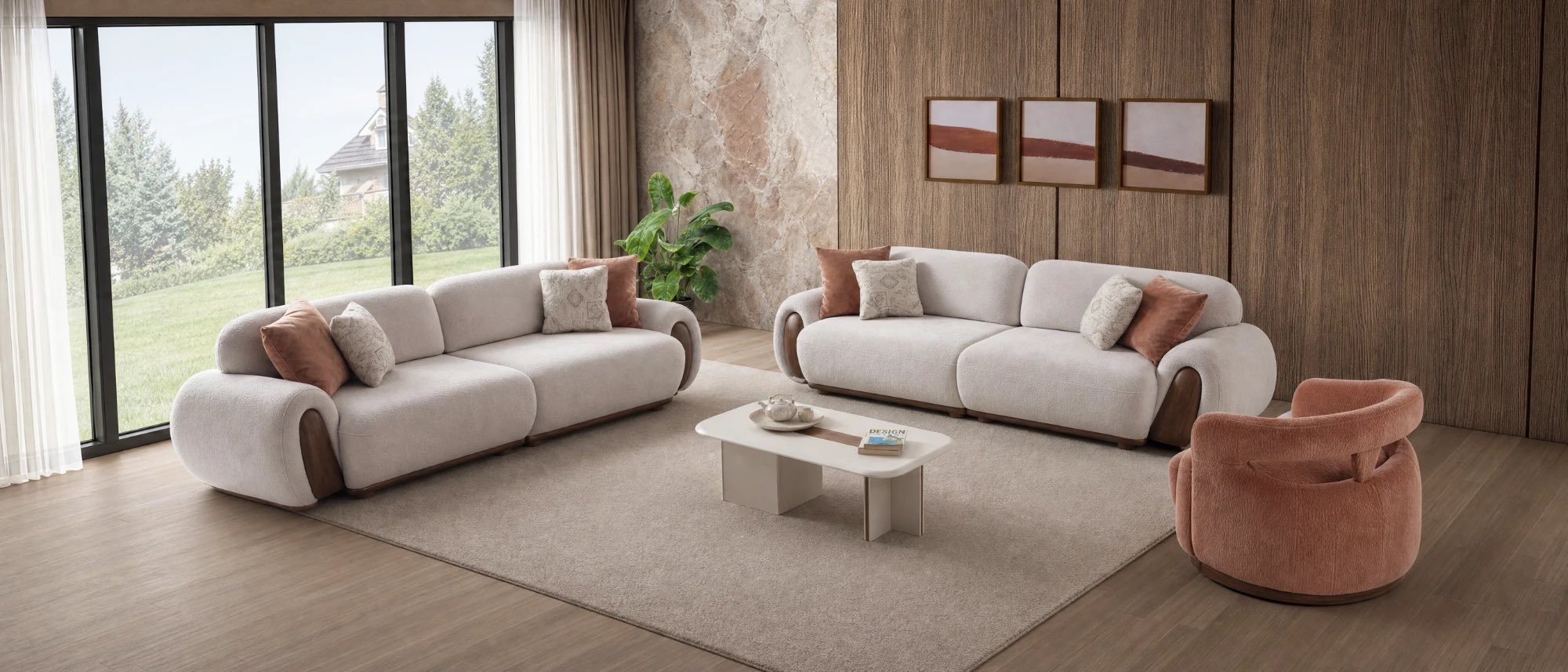White boucle sofa set with terracotta armchair and cream coffee table