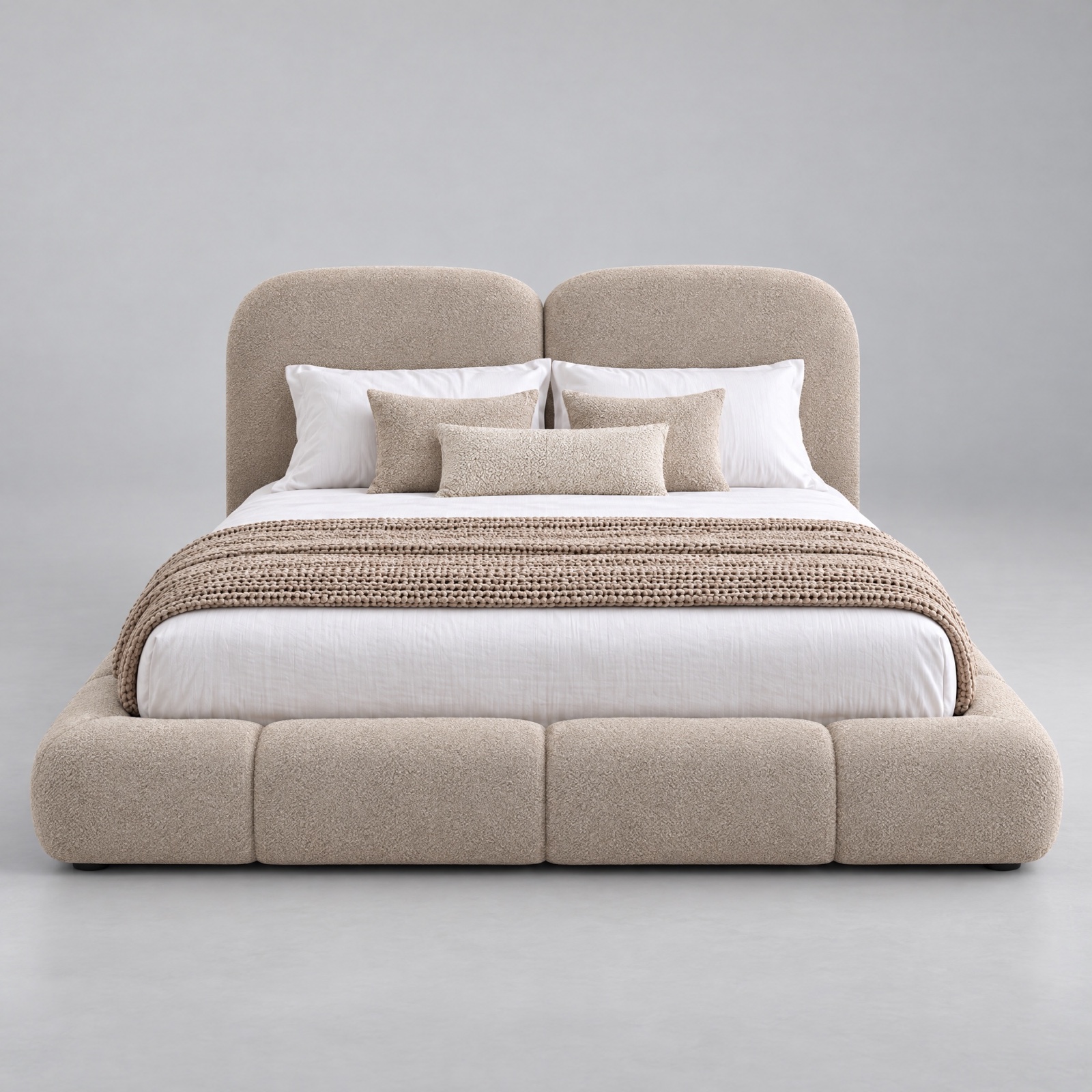 Tala king bed front view with twin curved headboard