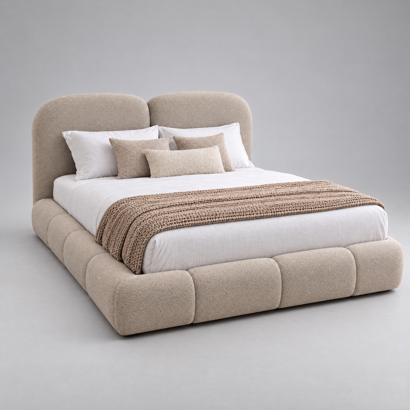 Tala king bed angled view showing the padded base