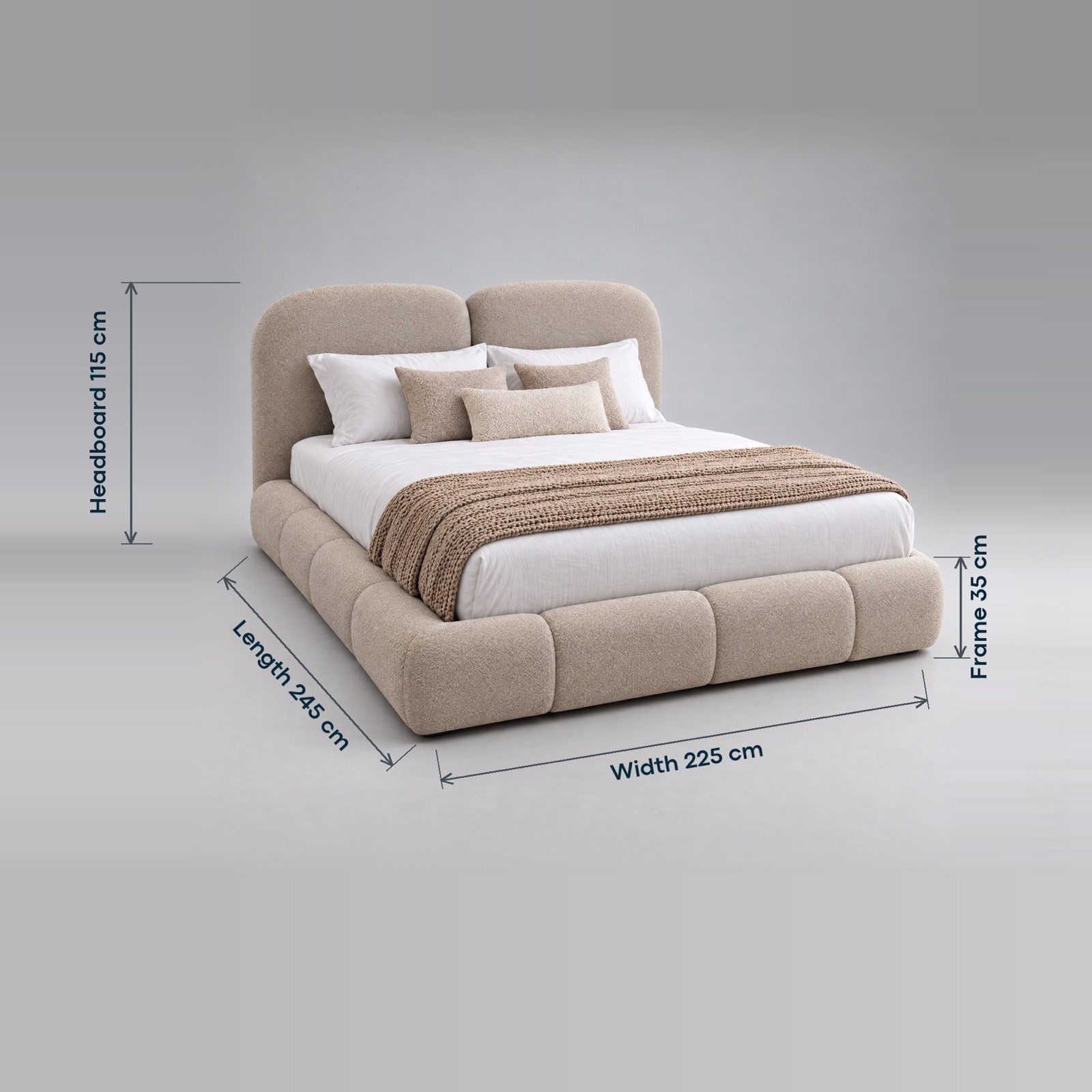 Tala king bed dimensions 245 x 225 cm, headboard 115 cm